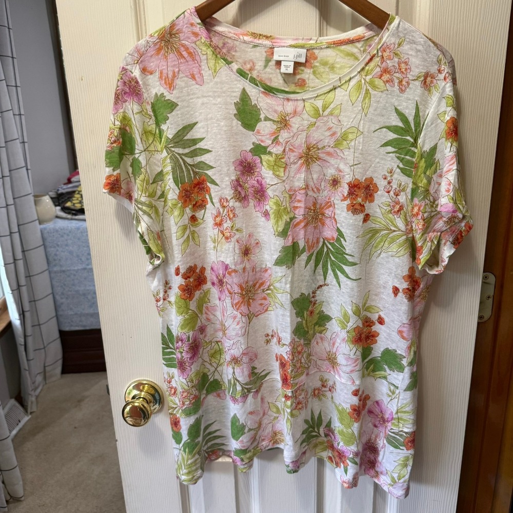 J. Jill Love Linen Shirt Womens XL White Floral Crossover-Hem Short Sleeve Linen - Picture 8 of 11